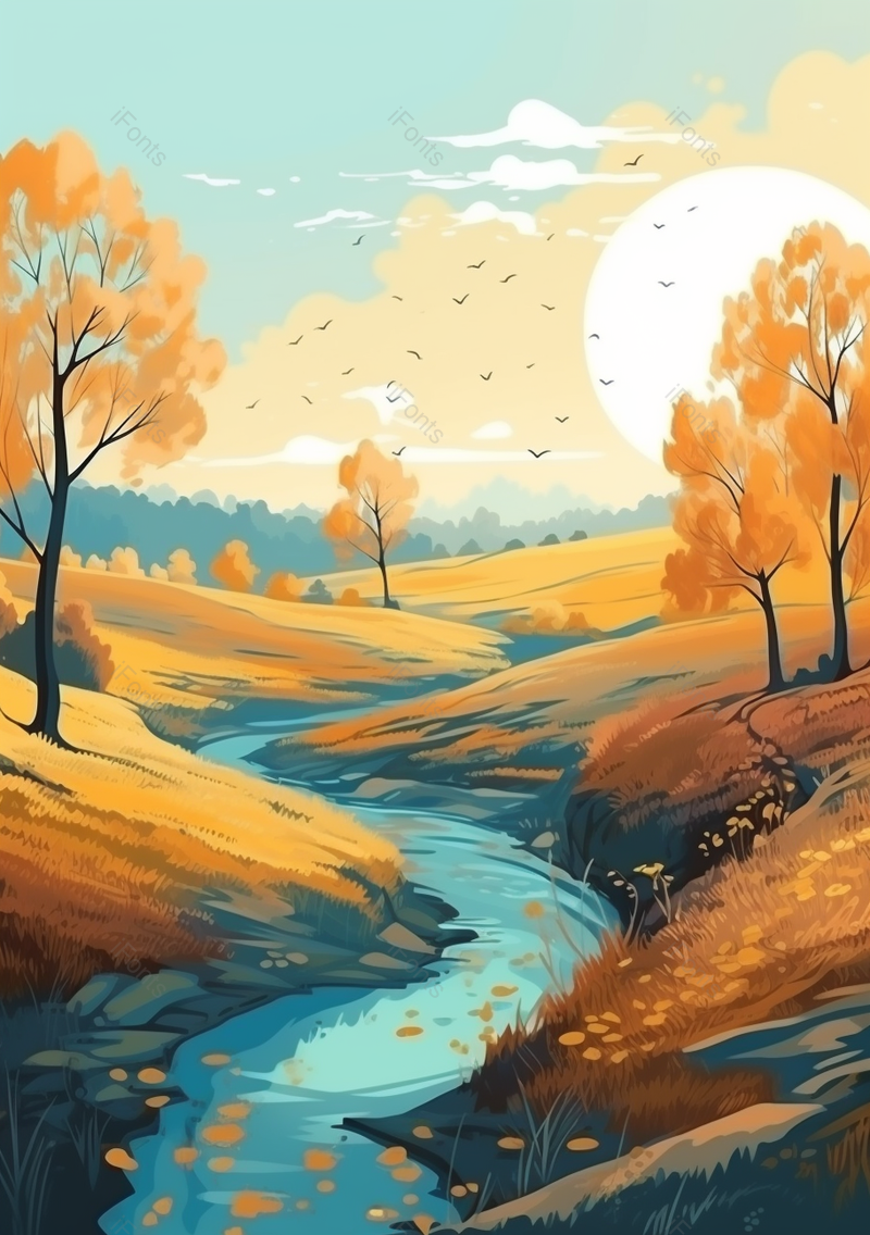 秋天金黄田野河流山林小清新手绘背景,插画/手绘图,插画/手绘图库,插画/手绘图下载,插画/手绘